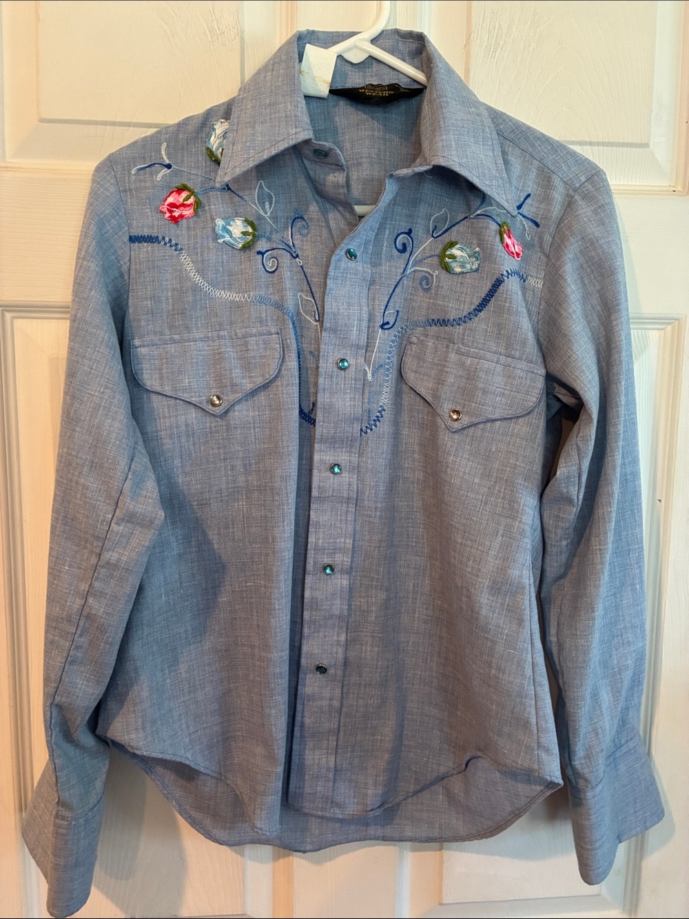 Vintage Sears Size X-Small Light Blue Embroidered Western Shirt